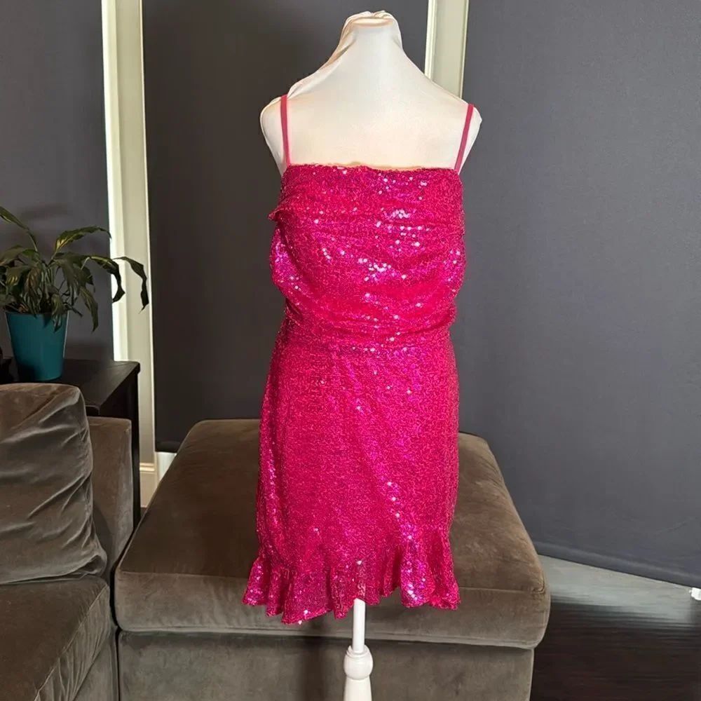 Women’s Pink Sequined Short Homecoming Party Dress Ruffle Hem CorsetBack Size 12